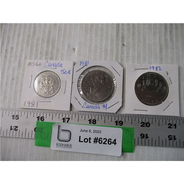 (3) 1980's Coins (50c, 1 Dollar Coins)