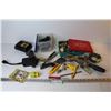 Image 1 : Container of Clips - Tin of Assorted Sockets - Lg Hook - Hand Tools - DeWalt Charger - Misc. Items