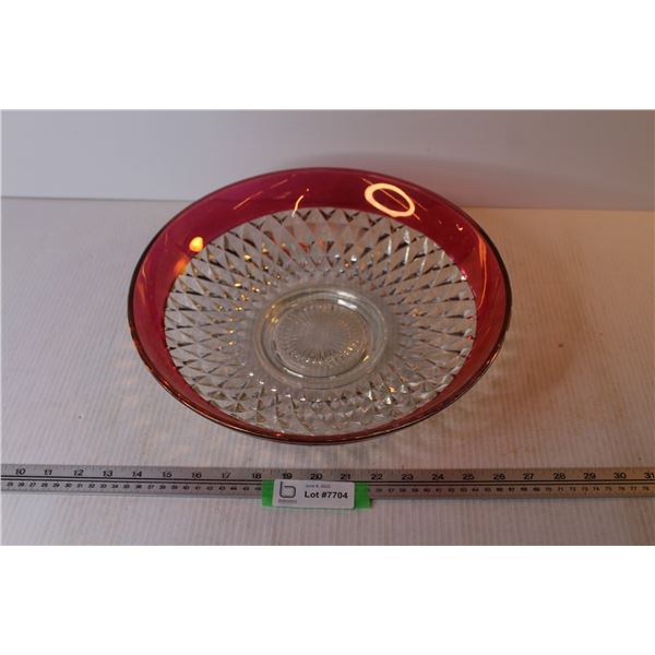 13 1/2" Cut Glass Bowl w/Red Trim