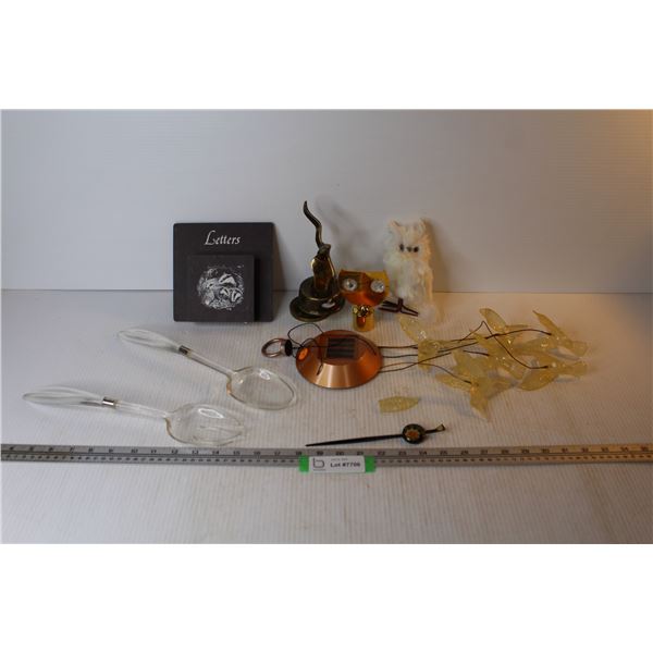 Letter Holder - Solar Plastic Bird Chimes (broken wing) - Plastic Salade Fork & Spoon - Brass Music 