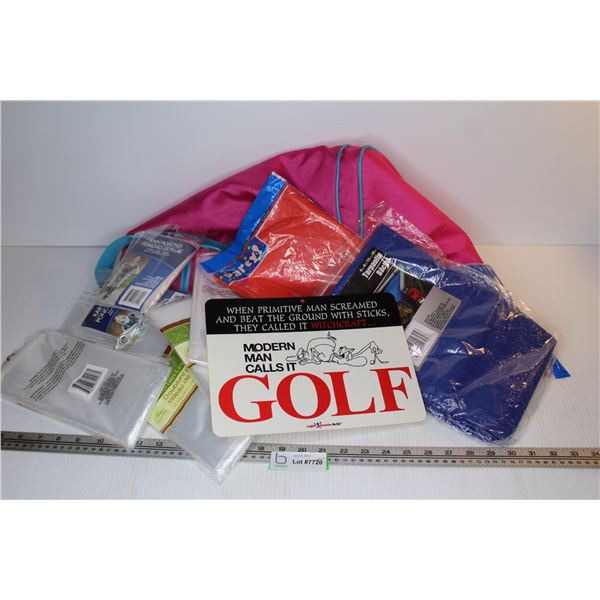 Pink Duffle Bag - (4) Shower Curtain Liners - (2) Rain Ponchos - Tarp - Table Cloth - Sign