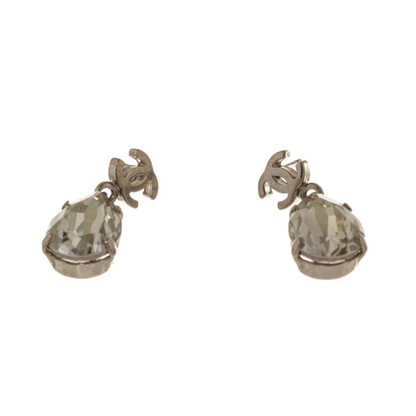 Chanel CC Silver Rhinestone Earrings