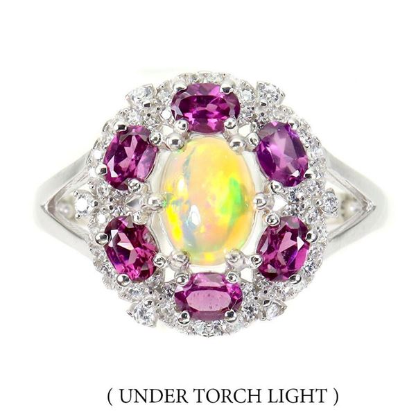 Natural Ethiopian White  Opal  & Rhodolite Garnet Ring