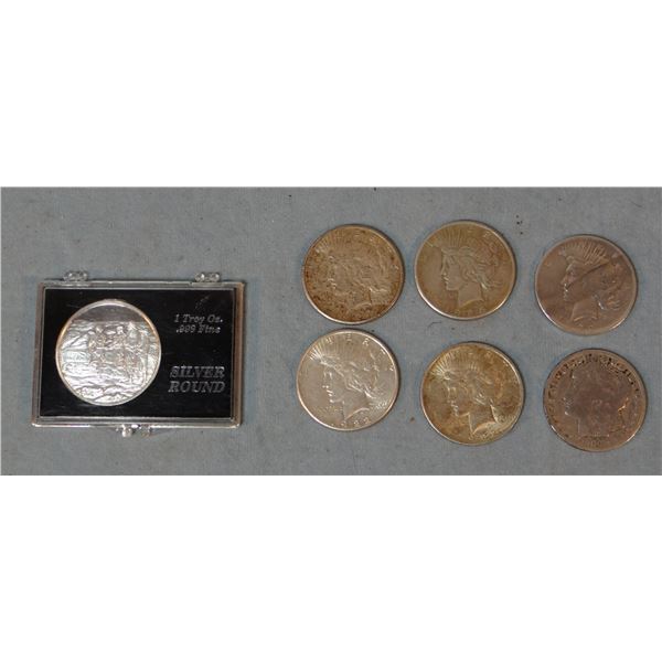 (5) Peace $1 dollars, 1 - 1900 O Morgan dollar, 1 Lewis & Clark Comm. 1 oz. coin