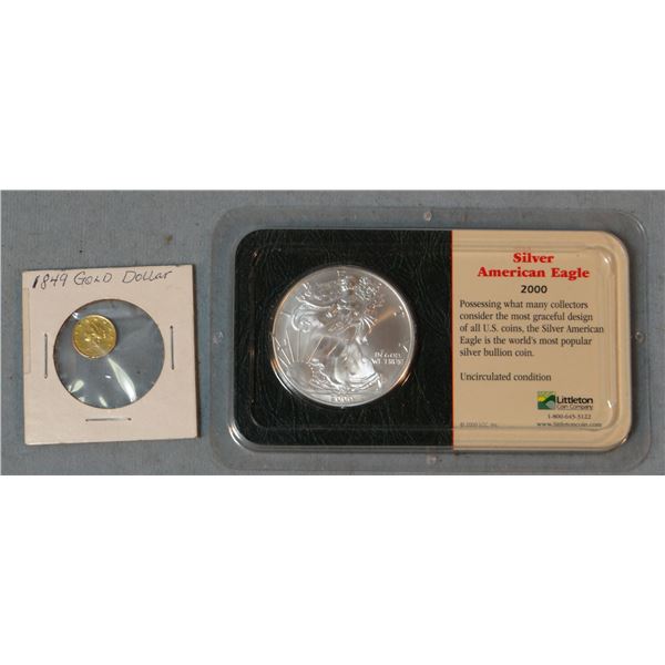 2 pcs: 1849 $1 gold  w/small 2 soldering marks on 1 side & 2000 Silver Eagle, uncirculated