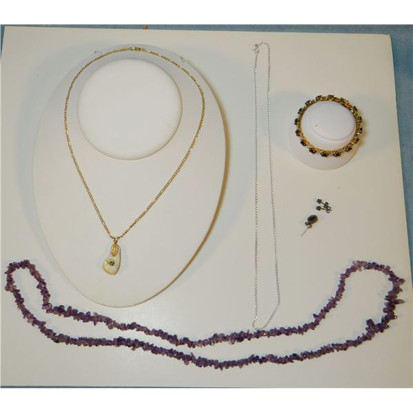 5 pcs: black onyx bracelet w/diamond-type stones; elk ivory necklace; amethyst like necklace; silver
