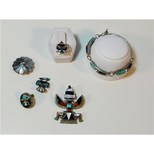 Zuni turquoise & coral bracelet, 2 broaches, 3 asstd pcs.