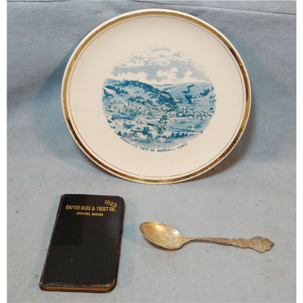 3 pieces: Lewistown, MT sterling silver spoon, 1923 Empire Bank & Trust calendar pocket book & decor