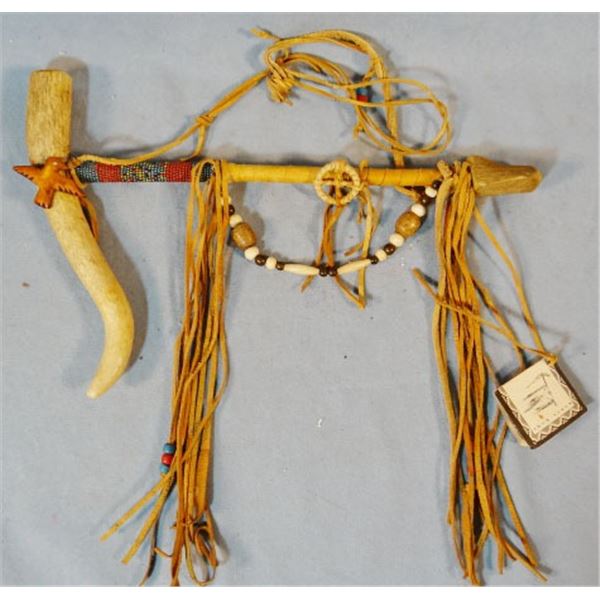 Navajo Peace Pipe, horn & leather with fringe, 13 ½"