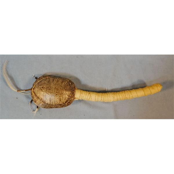 Turtle shell Indian rattle, leather wrapped handle, 16"
