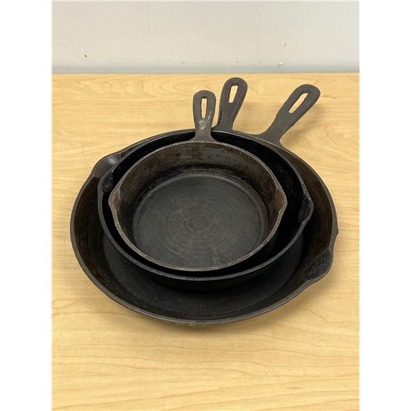 3 Cast Iron Skillets / Fry Pans as pictured 6,8 & 10  see photos for condition