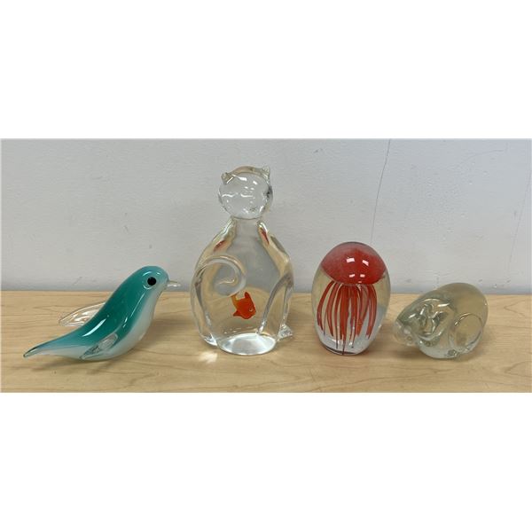 4 Figural Art Glass Paperweights - Cat / Bird / Jellyfish / Elephant (cat approx: 6.5  tall)