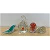 Image 1 : 4 Figural Art Glass Paperweights - Cat / Bird / Jellyfish / Elephant (cat approx: 6.5" tall)