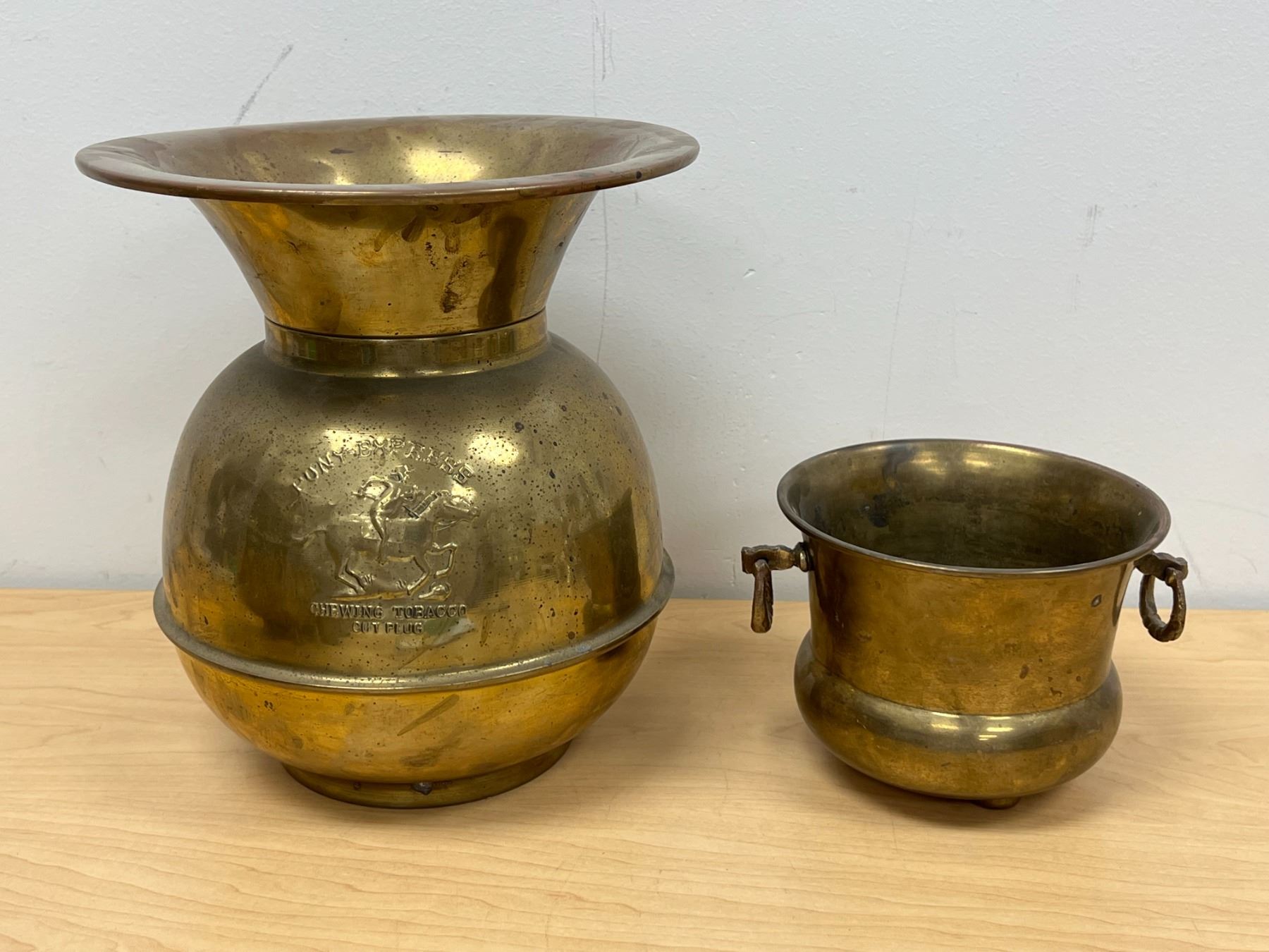 Brass Pony Express Chewing Tobacco Spittoon & Small Brass Pot