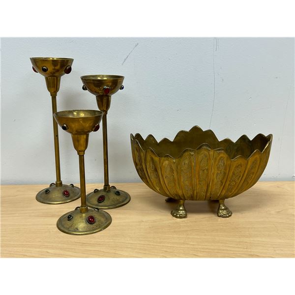 Decorative Brass Dish & 3 Candle Holders (tallest candle 9.75"; dish 9