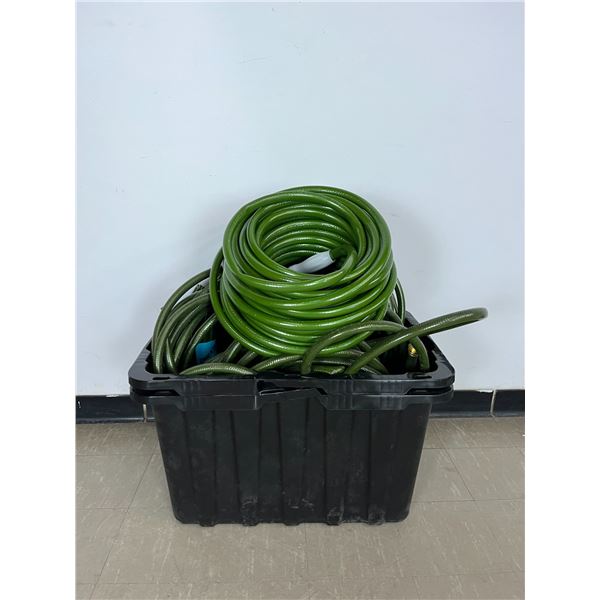 3 Lengths of Garden Hose in Plastic Tub - Well over 50' each; tub has broken handle