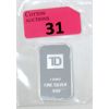 Image 1 : 1 Oz .999  Silver TD Bank Investor Bar 
