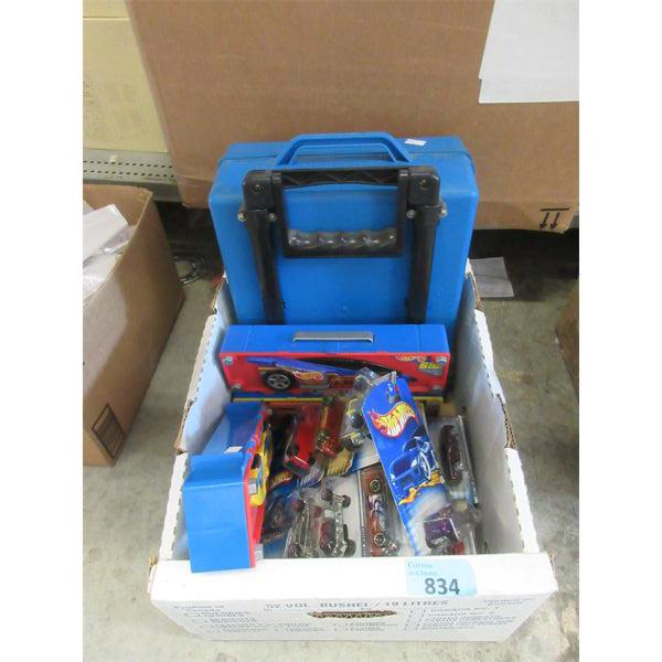 Box of Hot Wheel Vehicles & Storage Cases