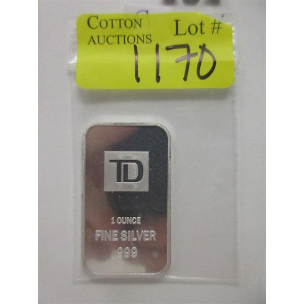 1 Oz .999 Silver TD Bank Investor Bar