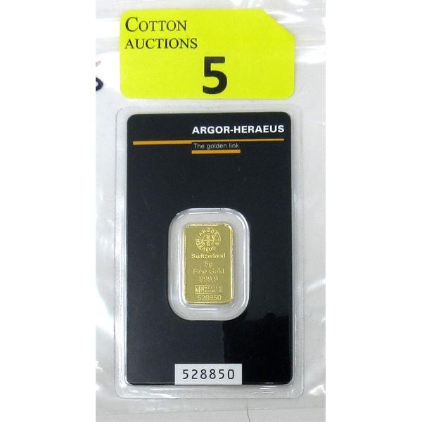 5 Gram .9999 Fine Gold Argor-Heraeus Certified Bar 