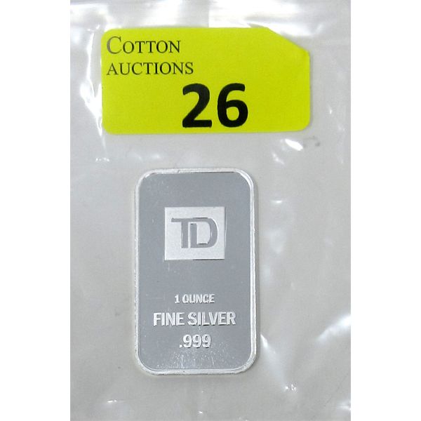 1 Oz .999  Silver TD Bank Investor Bar 