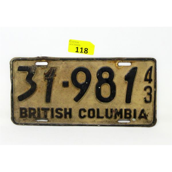 Vintage 1943 BC Licence Plate