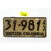 Image 1 : Vintage 1943 BC Licence Plate