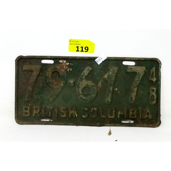 Vintage 1948 BC Licence Plate