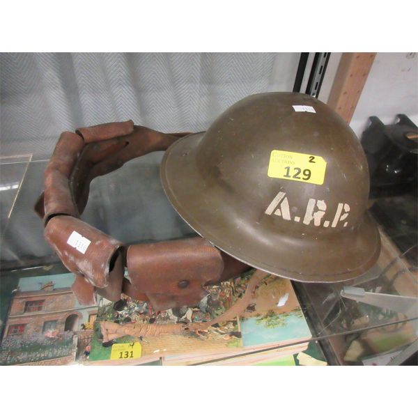 Vintage Leather Ammo Belt and A. R. P. Helmet