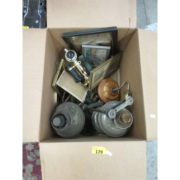 Box of Vintage Lamp Parts & Prints