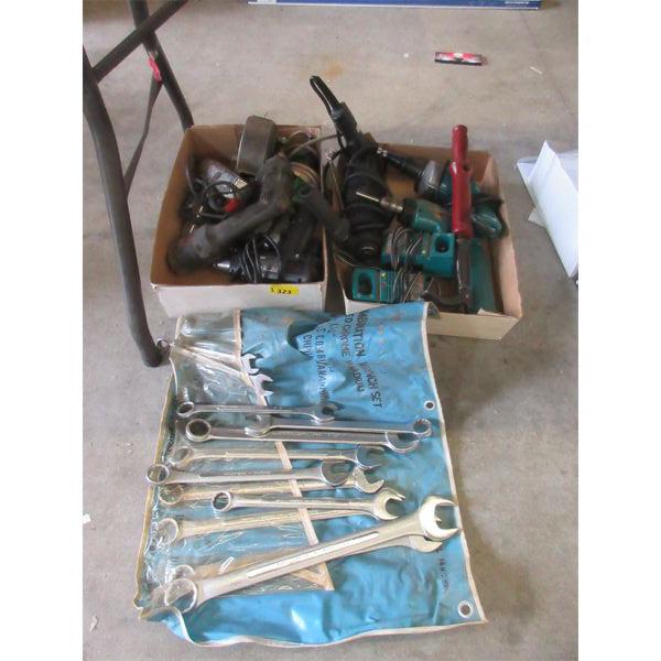 SAE Wrench Set & 2 Boxes of Power Tools