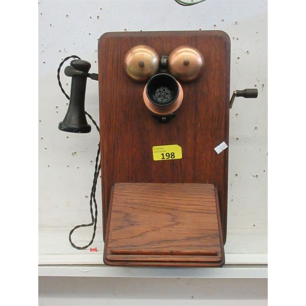 Vintage Wood Crank Wall Phone - Bakelite Earpiece