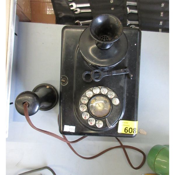 Vintage Metal Cased Wall Phone - Bakelite Earpiece