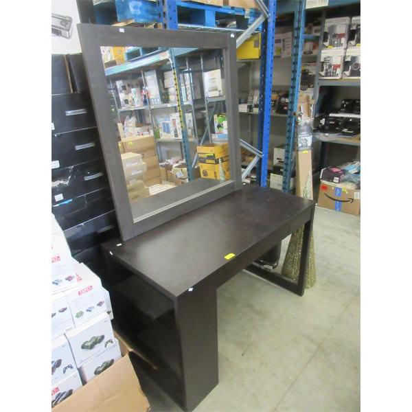 Wall Mirror & Brown Desk with Built in Side Shelves