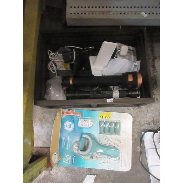 Foot File & Box of Assorted Electronics 
