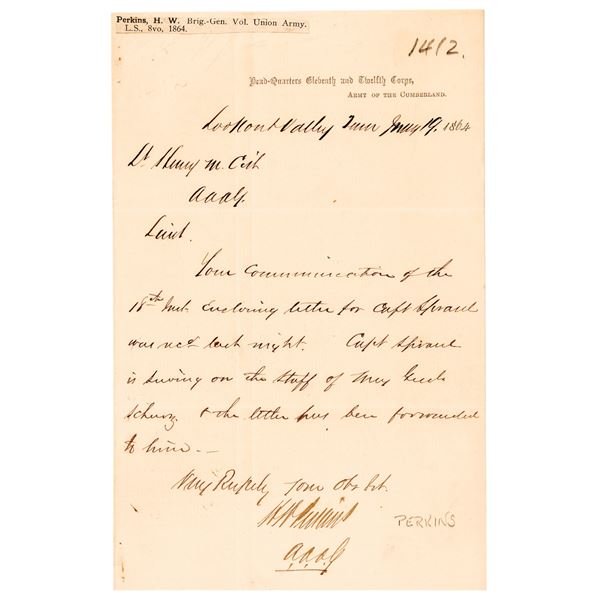 1864 Civil War Dated, Union General HENRY W PERKINS Autograph Letter Signed