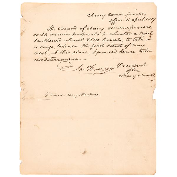 COMMODORE JOHN RODGERS Naval Board Commissioner Asks to Charter a Vessel in 1817