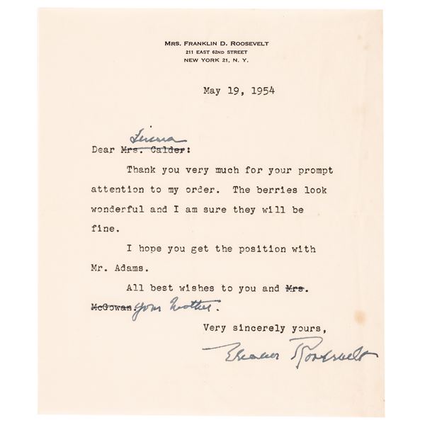 1954 ELEANOR ROOSEVELT Typed Letter Signed, Thanks for Campobello Island Berries
