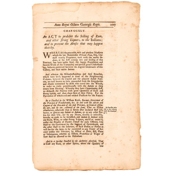 c. 1734 Colonial PA. America, Act to prohibit the Selling of Rum to the Indians