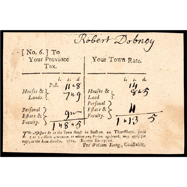 1724 Robert Dobney Boston Taxes Known Executioner in Piracy Related Matters