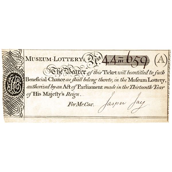 (1773) British Museum LOTTERY Ticket held to Fund the British Museums Expansion