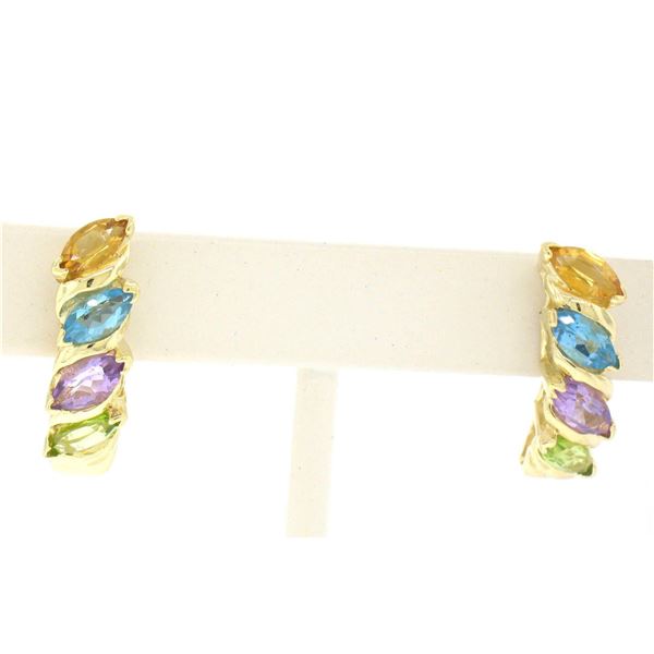 14k Yellow Gold 2.00 ctw Marquise Cut Amethyst Peridot & Topaz Cuff Post Earring
