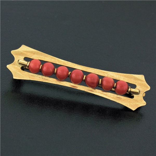 Vintage Italian Faceted 18K Yellow Gold Round Ox Blood Coral Bead Bar Pin Brooch