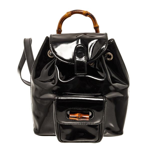 Gucci Black Patent Leather Bamboo Backpack