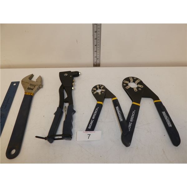 crescent wrench, rivet gun, bionic wrenches