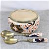Image 1 : Antique Imari Ceramic Serving Bowl 9" with Silver Plated Utensils