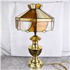 Image 1 : Vintage Stained Glass & Brass Table Lamp