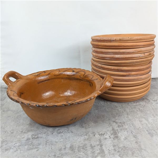 Vintage Terra Cotta Bowl & 12 Terra Cotta Plates