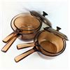 Image 1 : Set of 4 Visions Corningware Amber Glass Pots with 2 lids