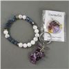 Image 1 : Rainbow Tourmaline Pendant, Howlite and Spiderweb Agate Bracelet and Amethyst Key Chain